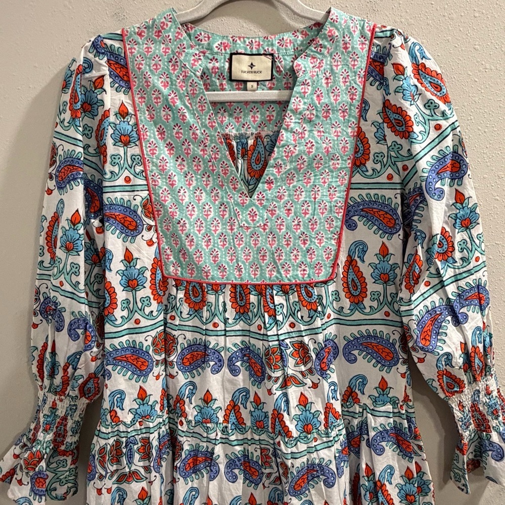 Tuckernuck Size Small Teal Seagrass Print Kenzo Mini Dress Cotton Boho Brunch - Picture 7 of 7